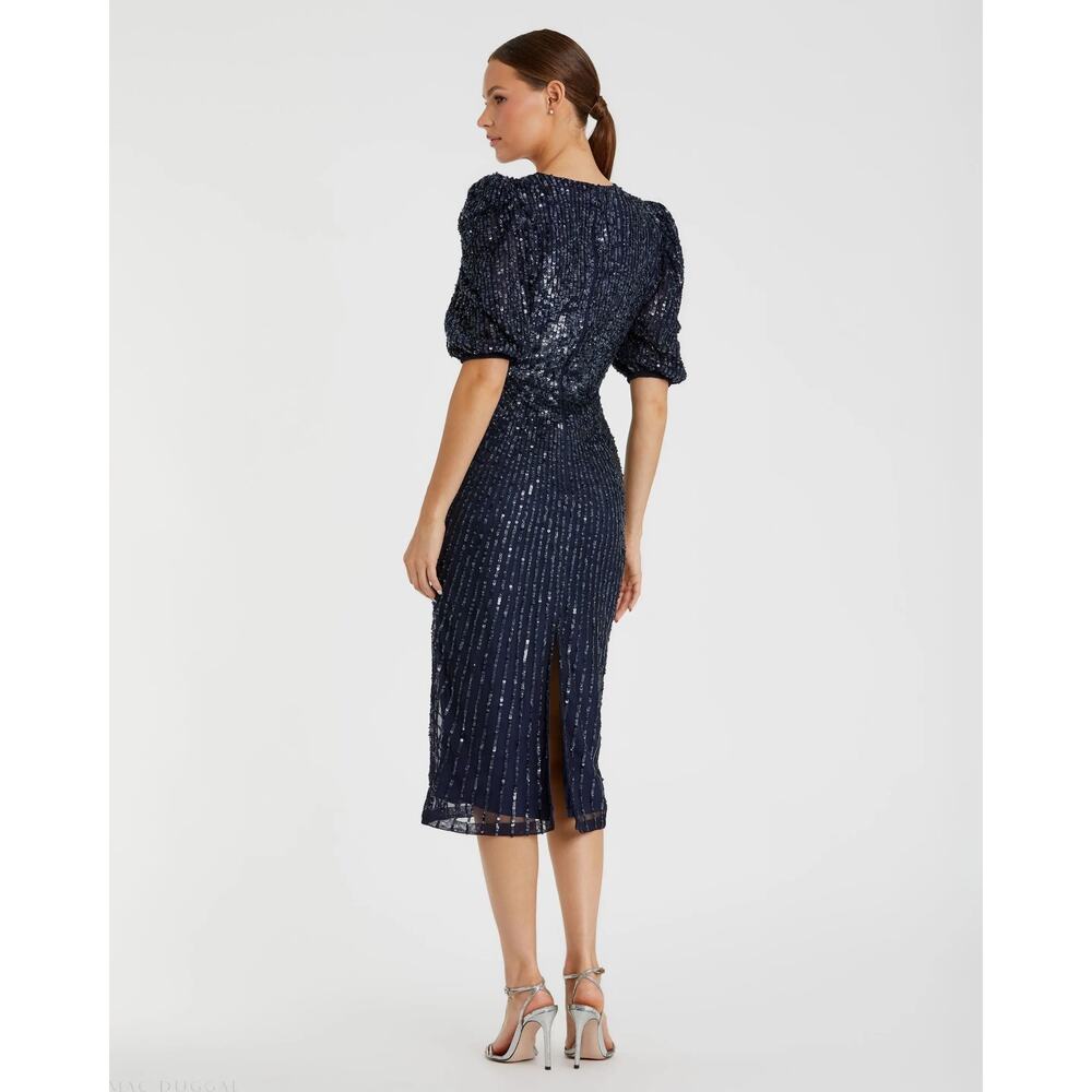 Mac Duggal 5578 Midnight Navy Sequined V-Neck Short Puff Sleeve Midi Dress 8 NWT - Picture 3 of 7